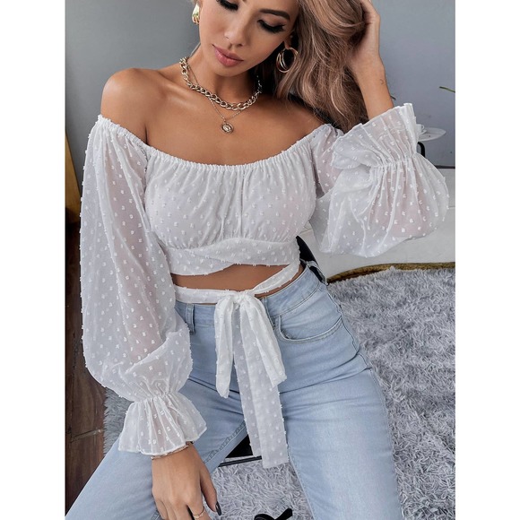 boho gypsy dreamer Tops - Swiss Dot Tie Front Crop Top long sleeve blouse boho white